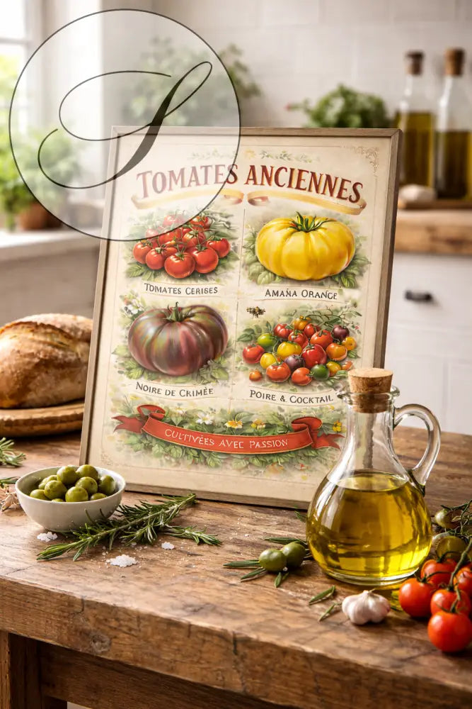 Affiche murale tomates anciennes colorées inspiration potager traditionnel