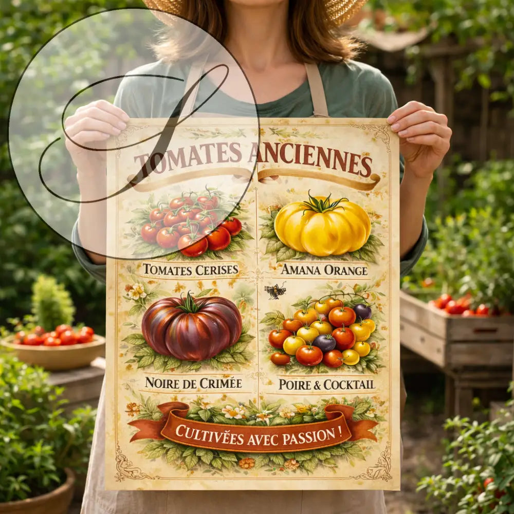 Poster mural cuisine avec illustration artistique de tomates anciennes rouges et jaunes