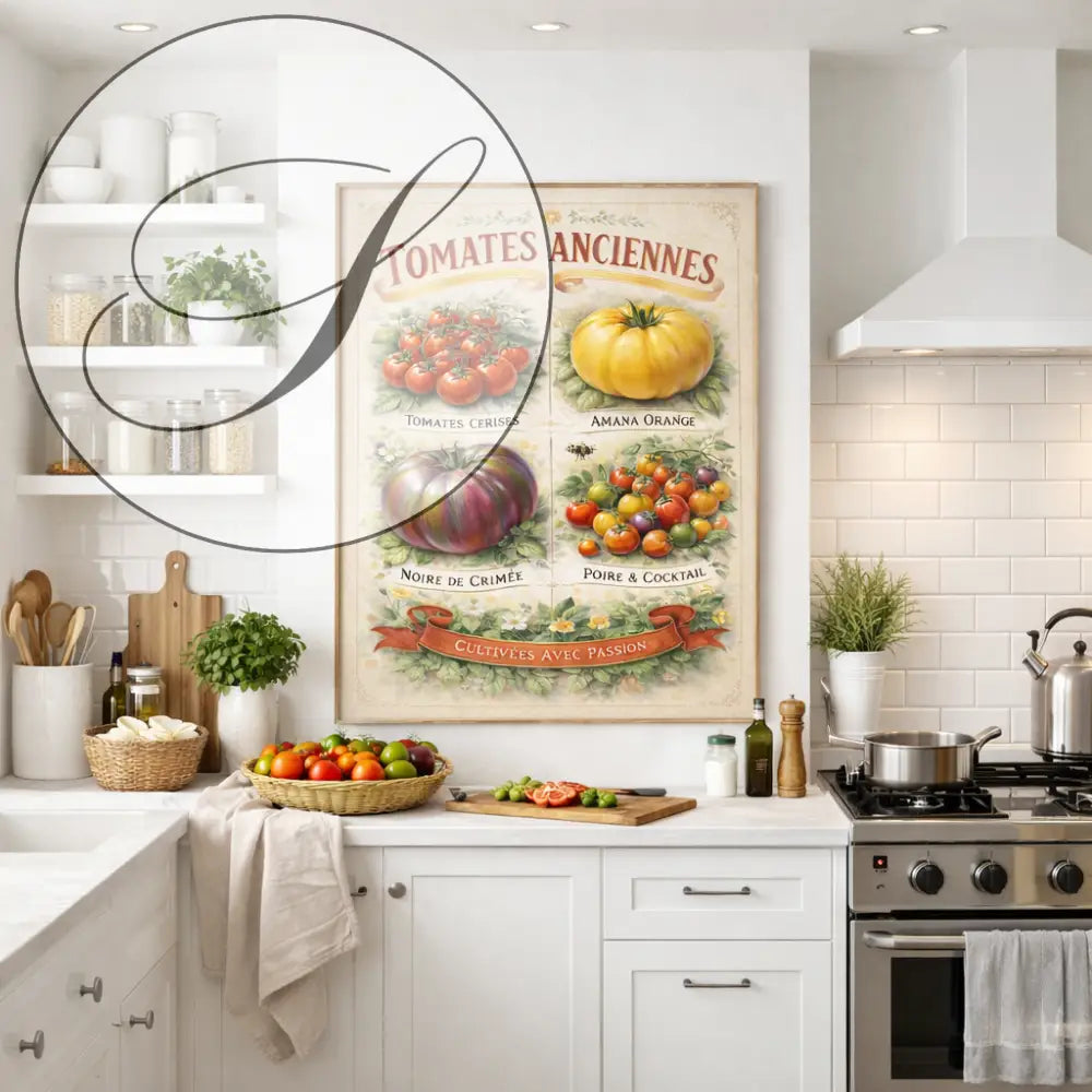 Poster botanique tomates anciennes style retro pour cuisine chaleureuse