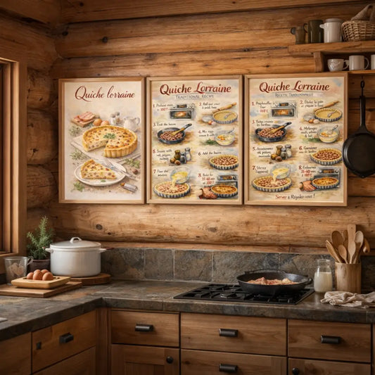 Poster recette Quiche Lorraine accroché dans une cuisine rustique style farmhouse 