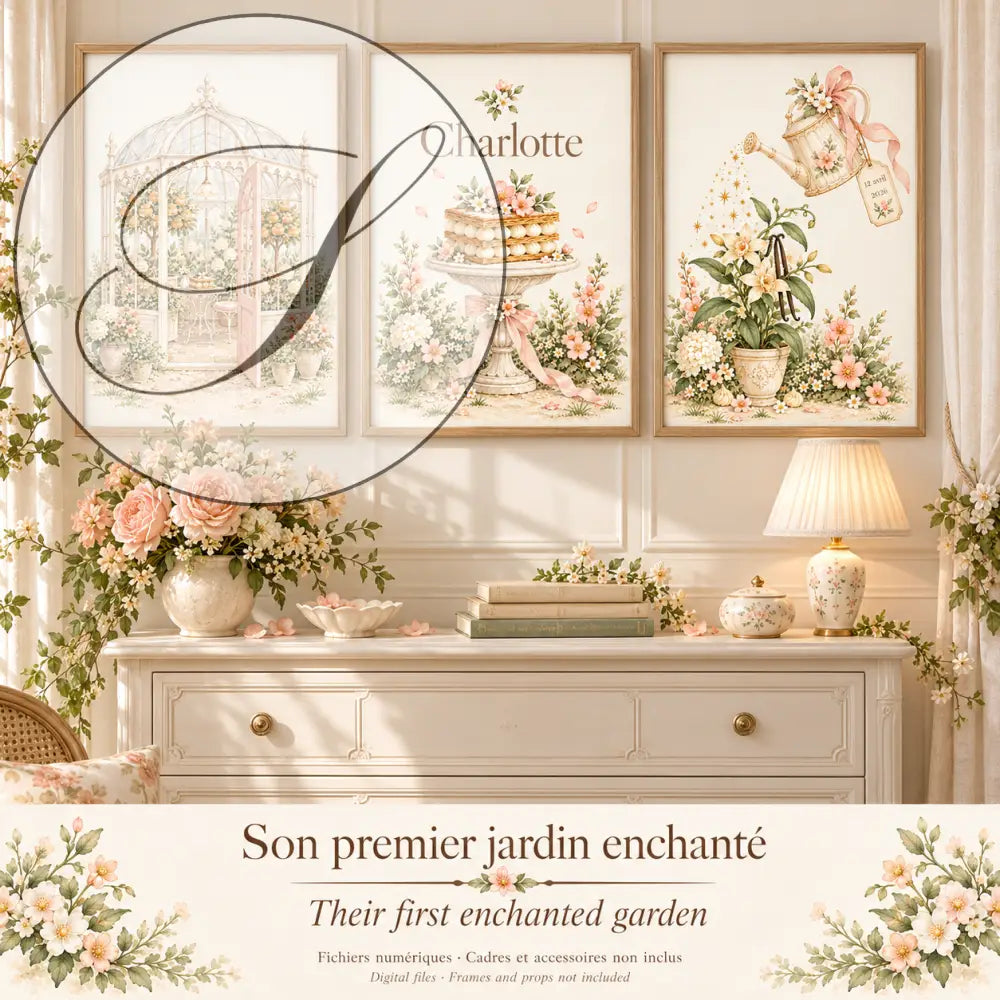 Cadeau naissance original : pack de 3 affiches personnalisées Son premier jardin enchanté au-dessus d'une commode, chambre de bébé