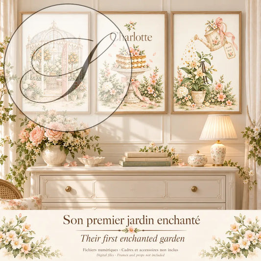 Cadeau naissance original : pack de 3 affiches personnalisées Son premier jardin enchanté au-dessus d'une commode, chambre de bébé