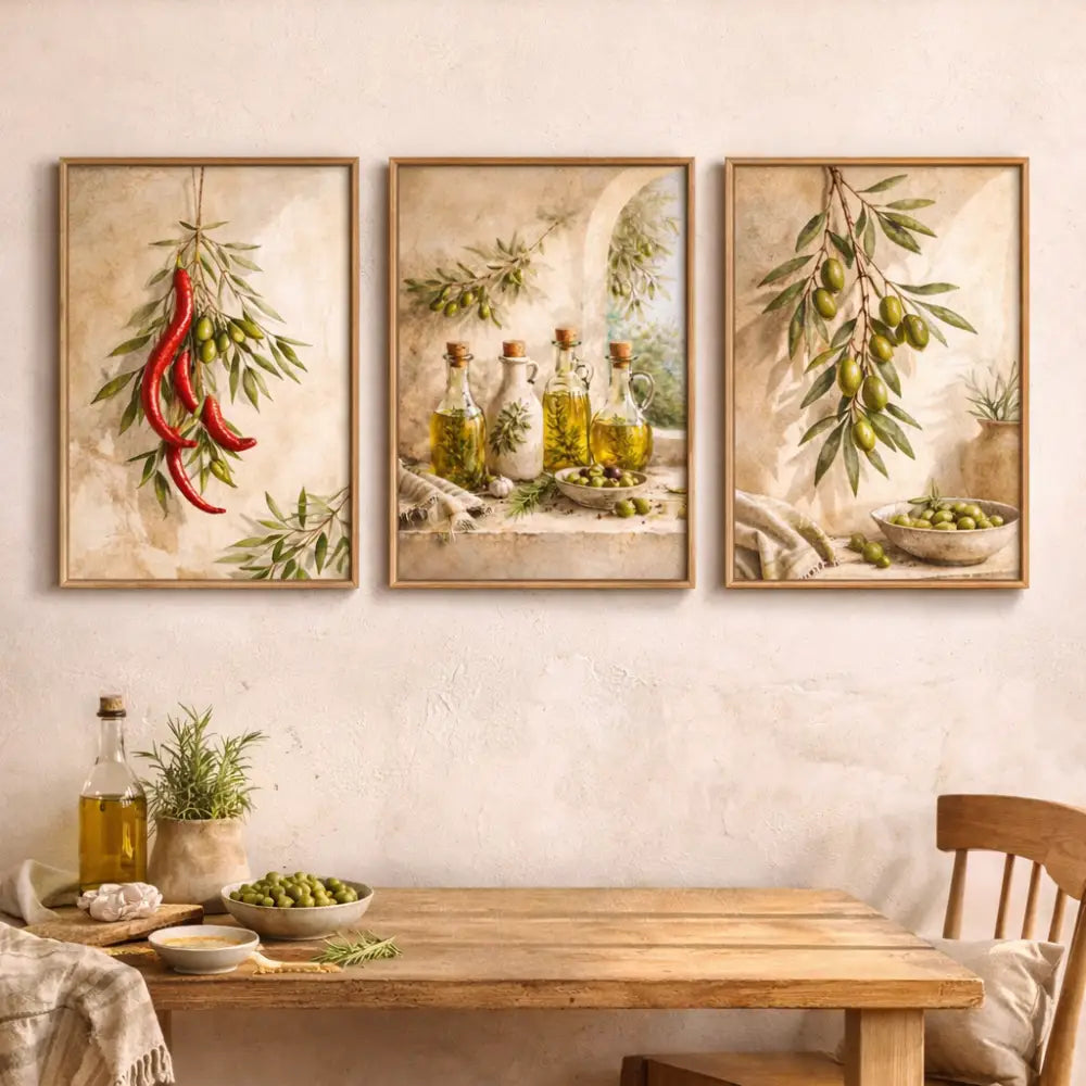 Lot de 3 affiches cuisine vintage avec cadres en bois rustique représentant poivrons rouges et olives vertes