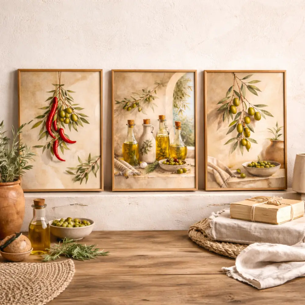 Trois affiches cuisine vintage avec cadres rustiques en bois représentant olives et bouteilles dhuile dans des tons chauds