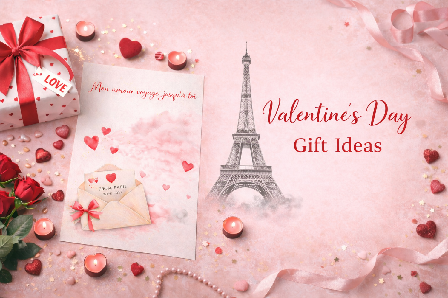 Romantic Valentine’s Day gift ideas inspired by Paris with Eiffel Tower, Seine river cruise, wine, roses and chocolates