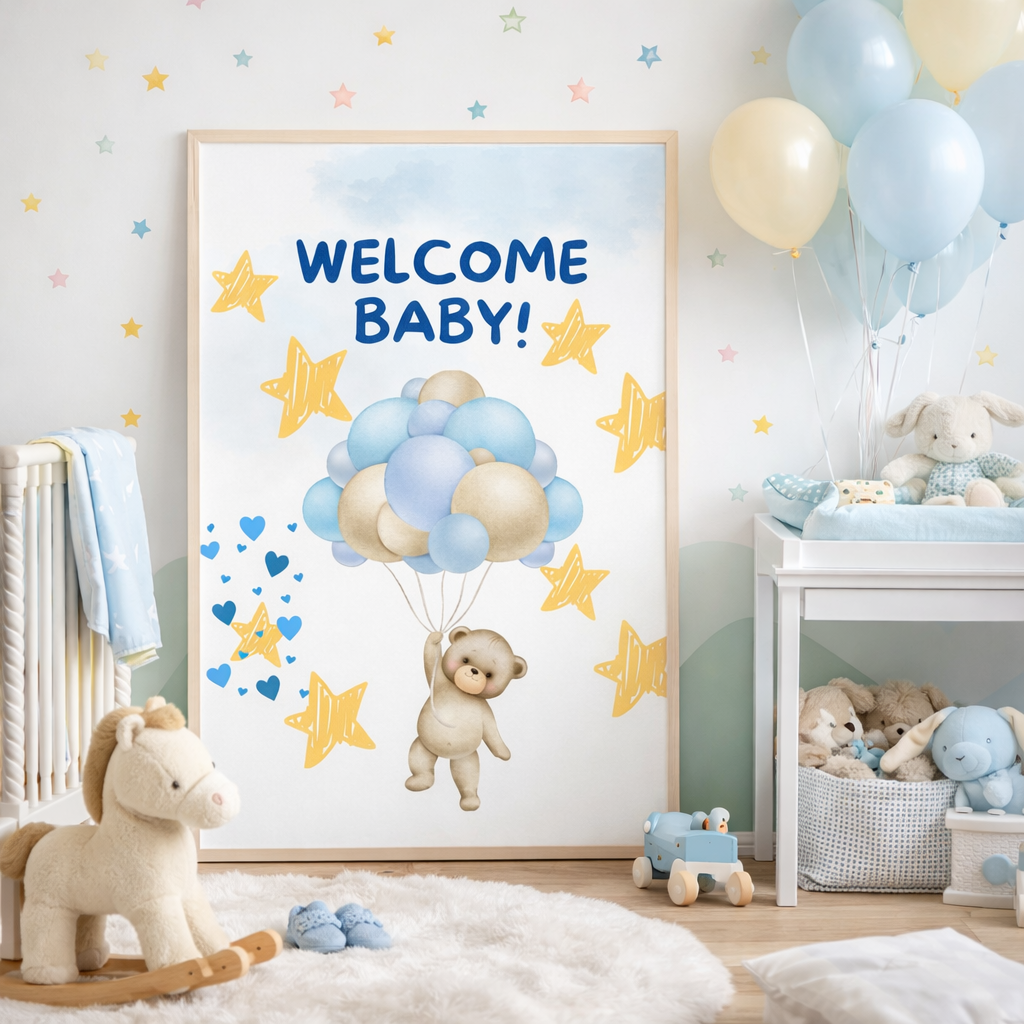 Welcome Baby printable wall art poster for newborn nursery, neutral baby birth decoration and baby shower gift