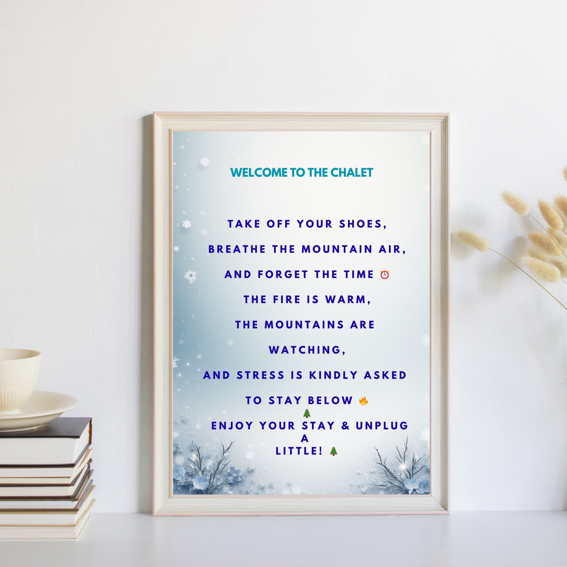 Winter chalet wall art printable with cozy cabin welcome sign design