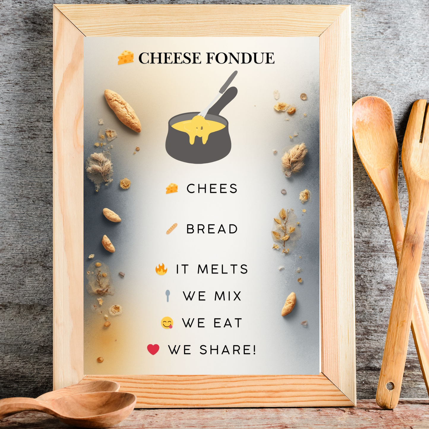 Winter food wall art featuring illustrated cheese fondue