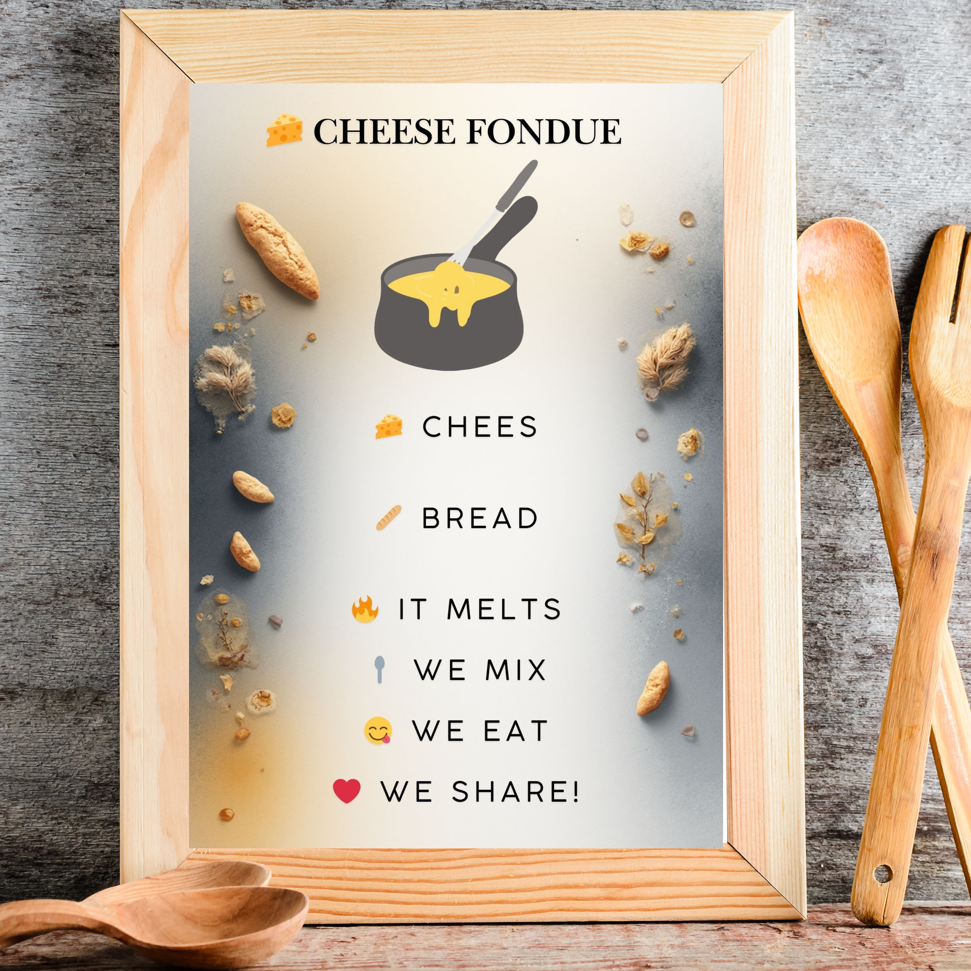 Winter food wall art featuring illustrated cheese fondue