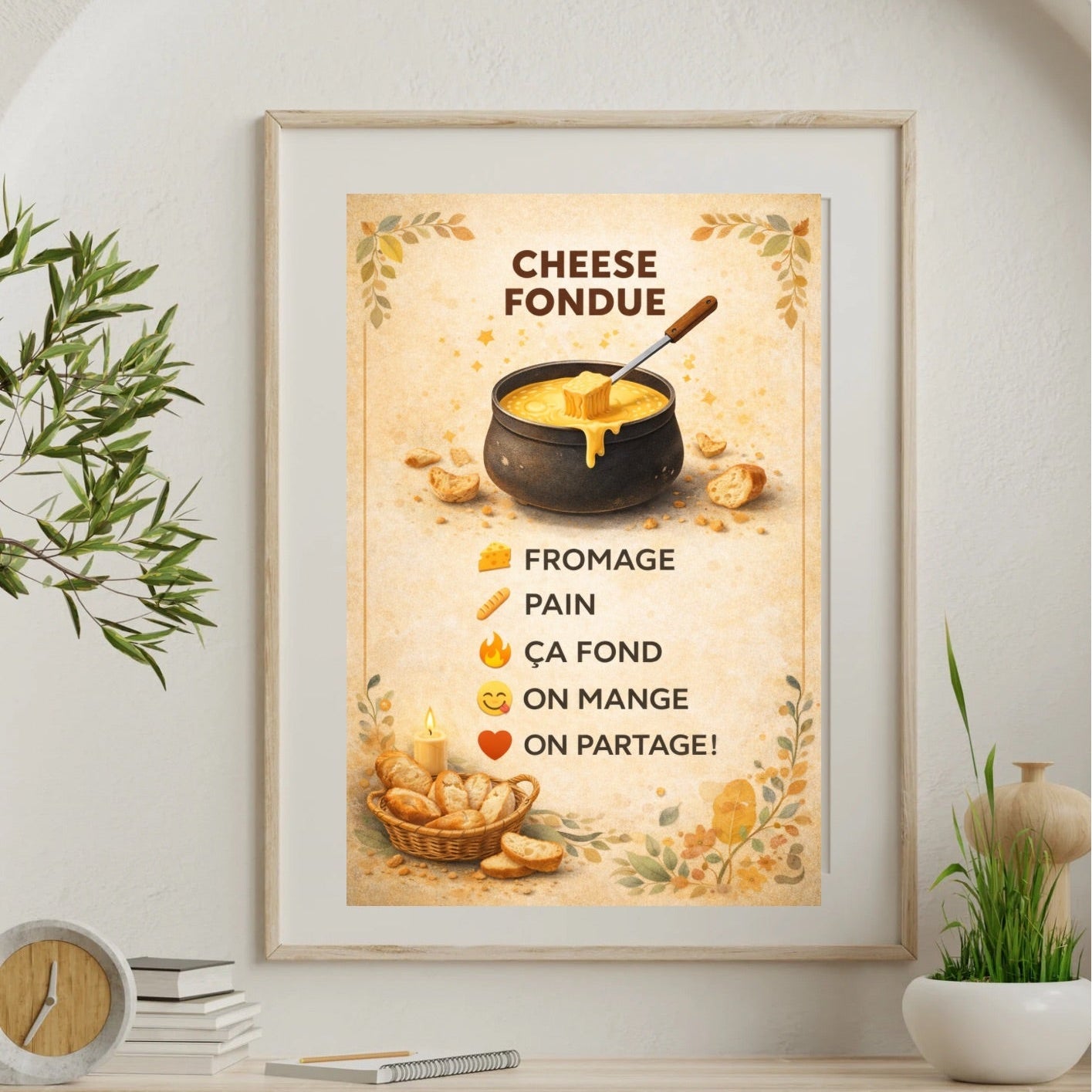 Close up of winter wall art cheese fondue illustration