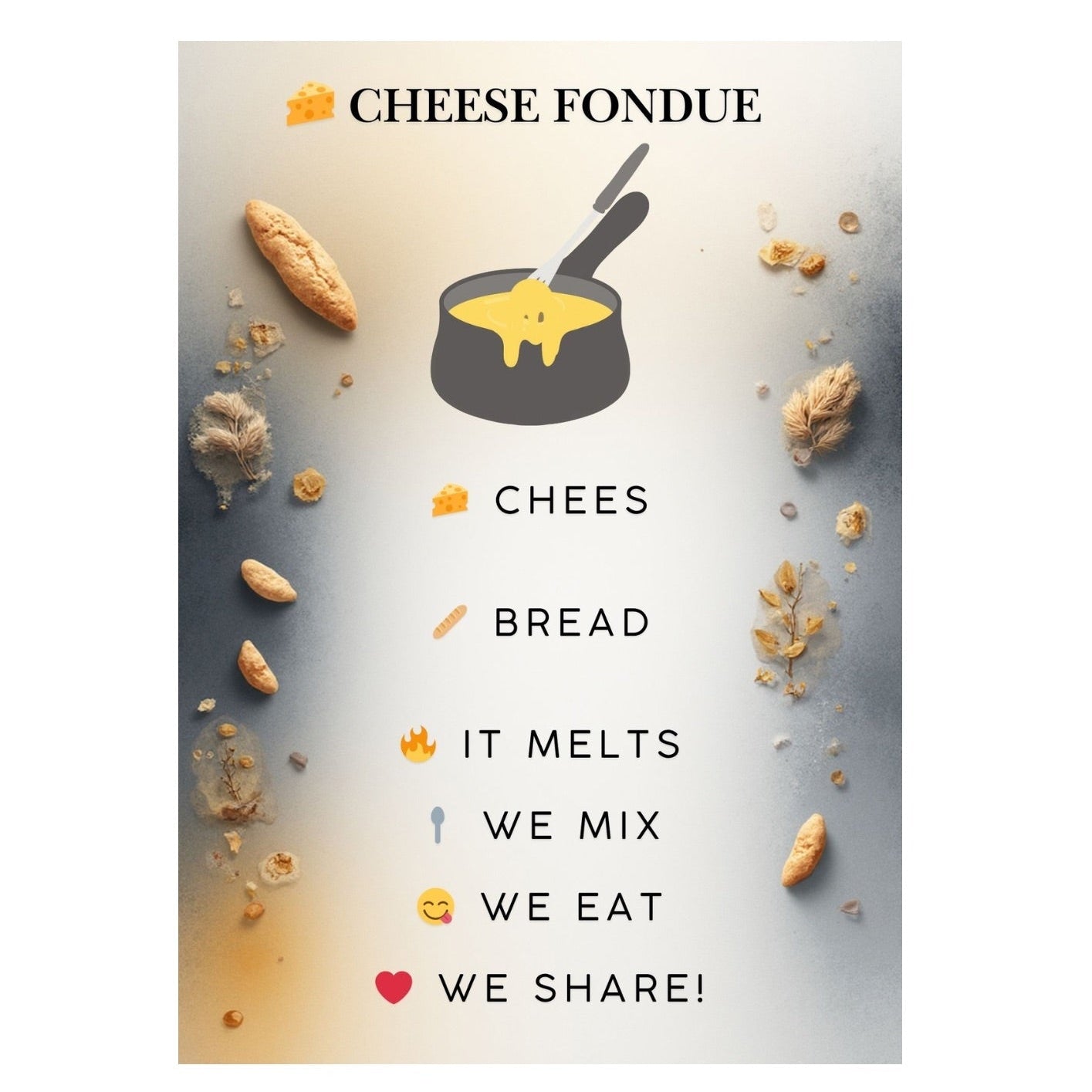 Cheese fondue wall art styled in cozy winter cafe interior