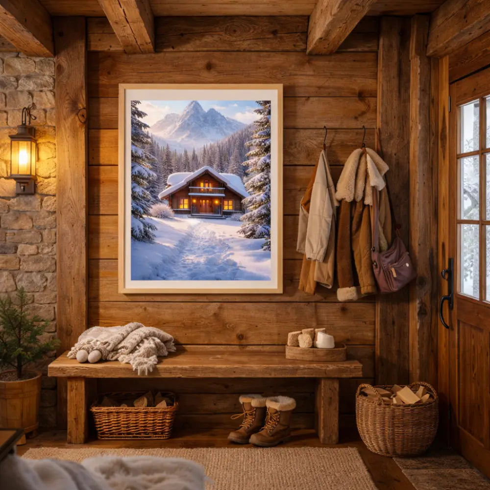 Snowy forest winter wall art with a warm cabin light, cozy mountain home decor