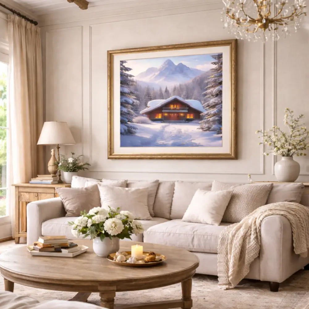 Winter wall art illustration of a cabin in a snow-covered forest, nature decor
