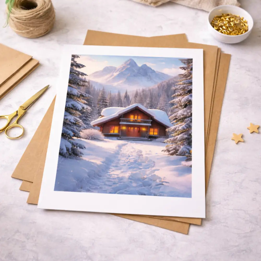 Cozy winter wall art printable with a cabin in a snowy mountain forest