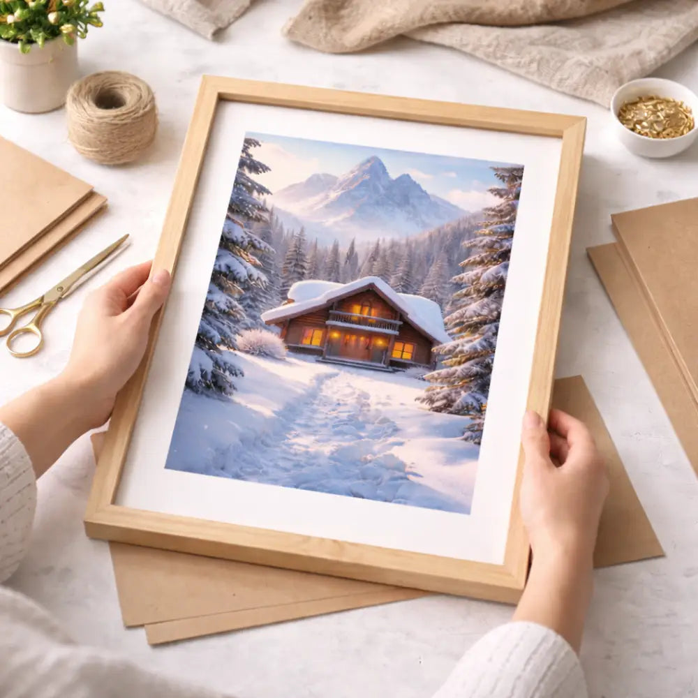 Cozy winter wall art featuring a mountain cabin glowing in a snowy forest at night