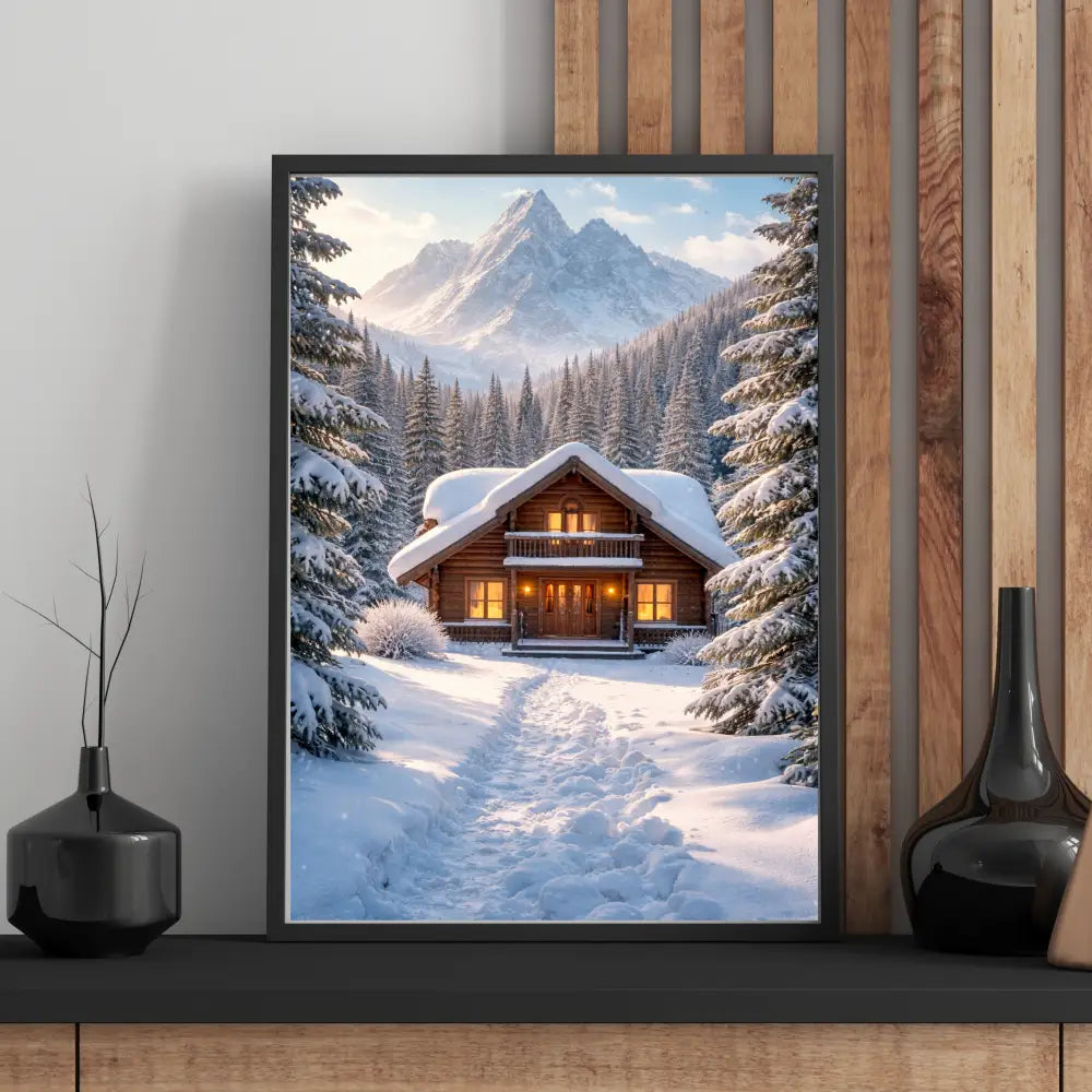 Winter cabin wall art printable for chalet decor mountain home