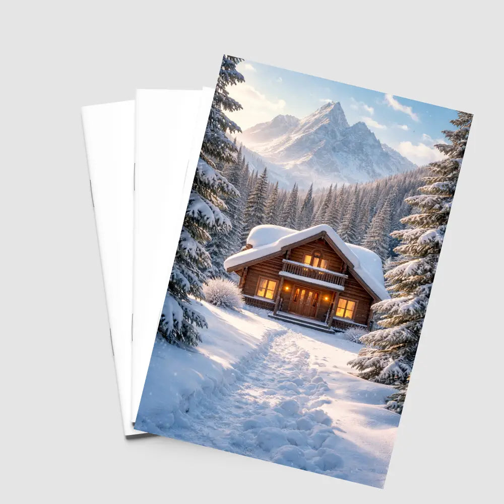 Snowy winter cabin illustration, mountain wall art printable, alpine decor