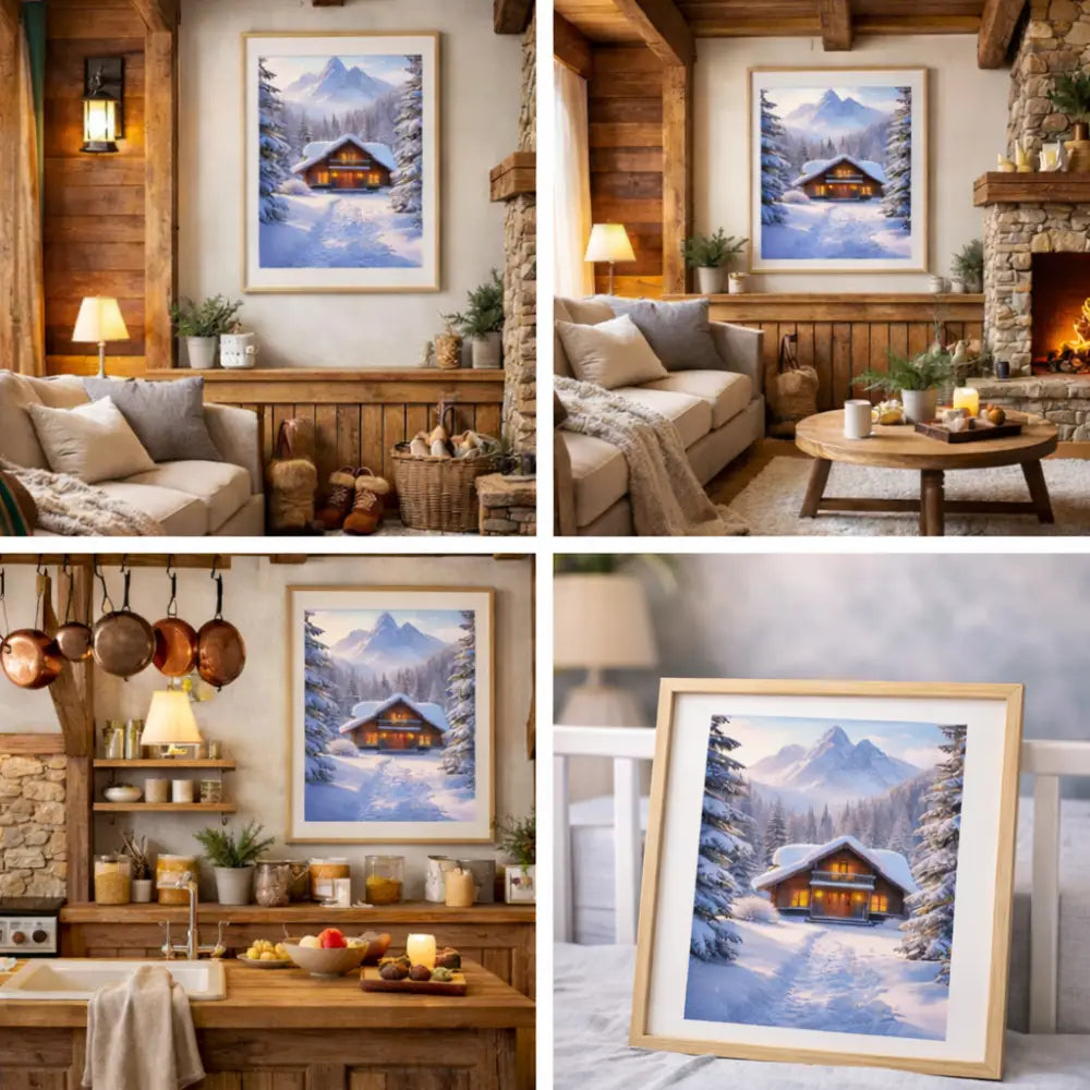 Winter wall art with a cozy wooden cabin surrounded by a snowy pine forest