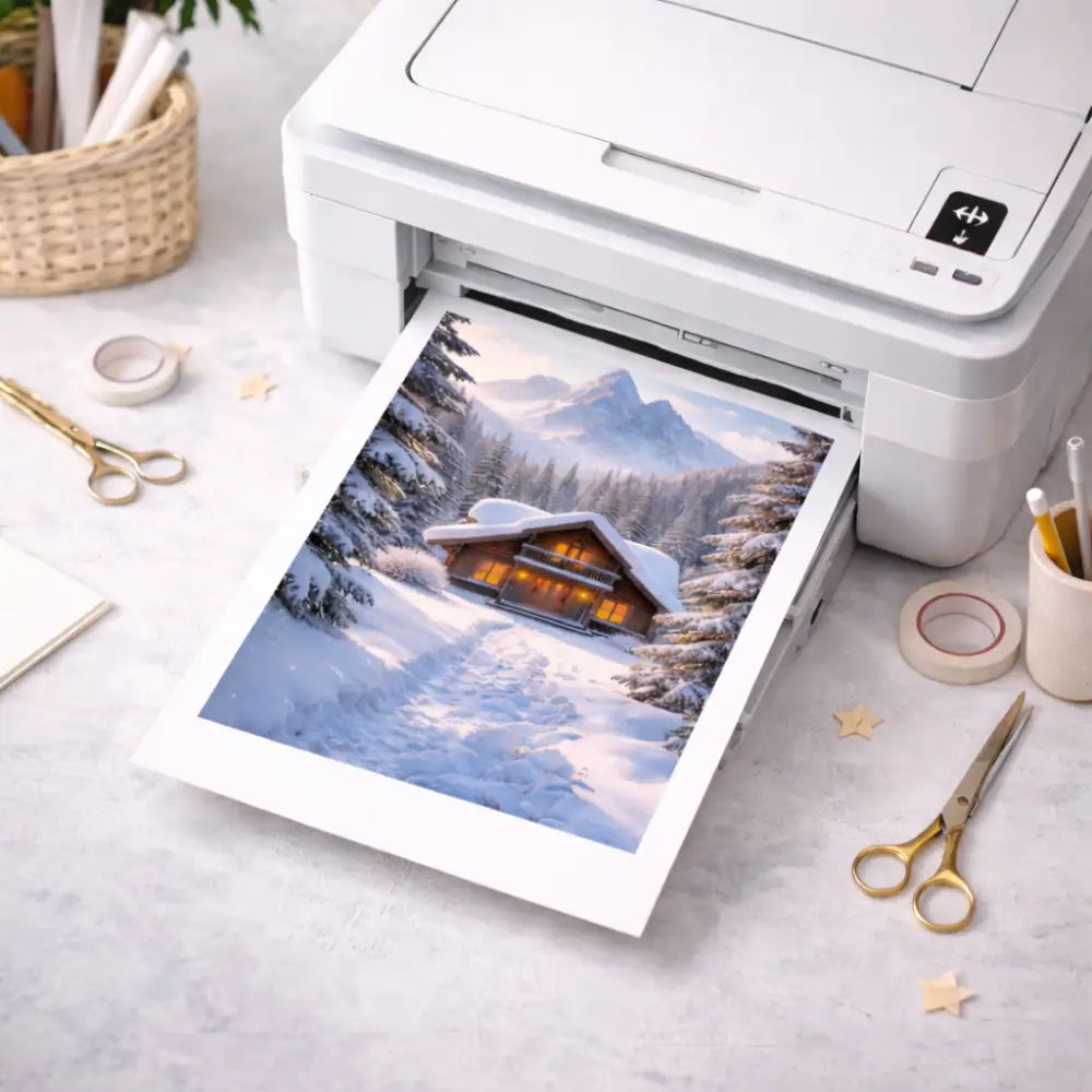 Winter wall art printable showing a rustic cabin in a peaceful snowy forest landscape