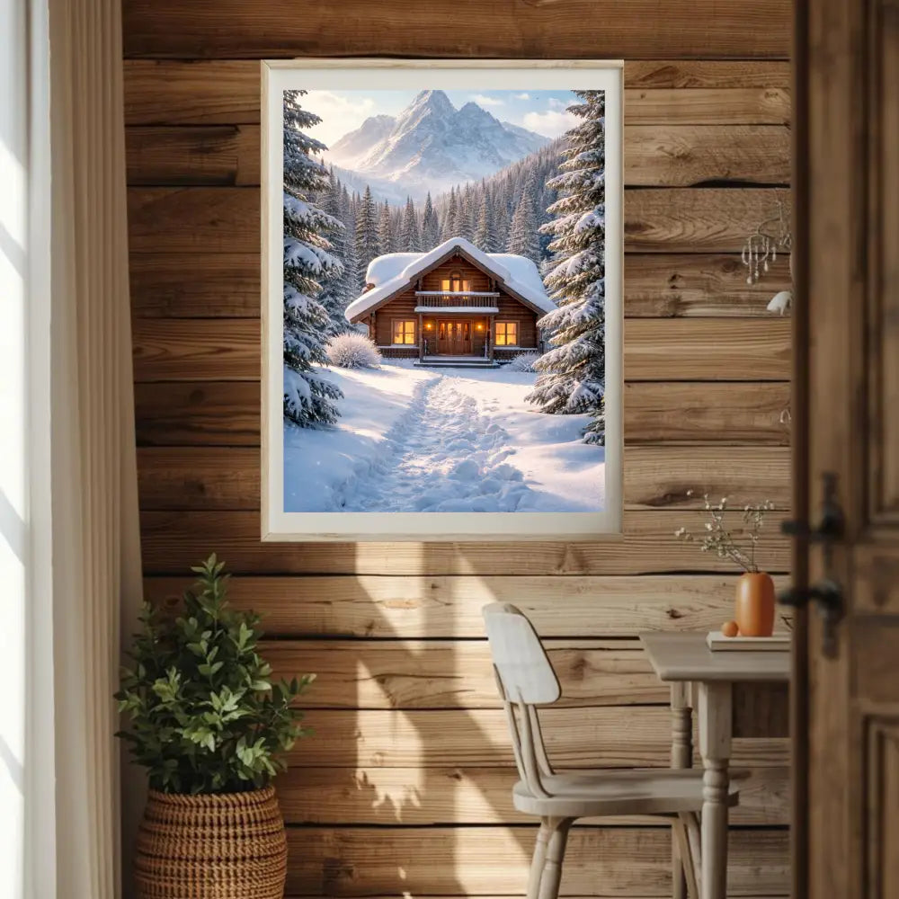 Winter cabin wall art printable, cozy mountain decor gift idea