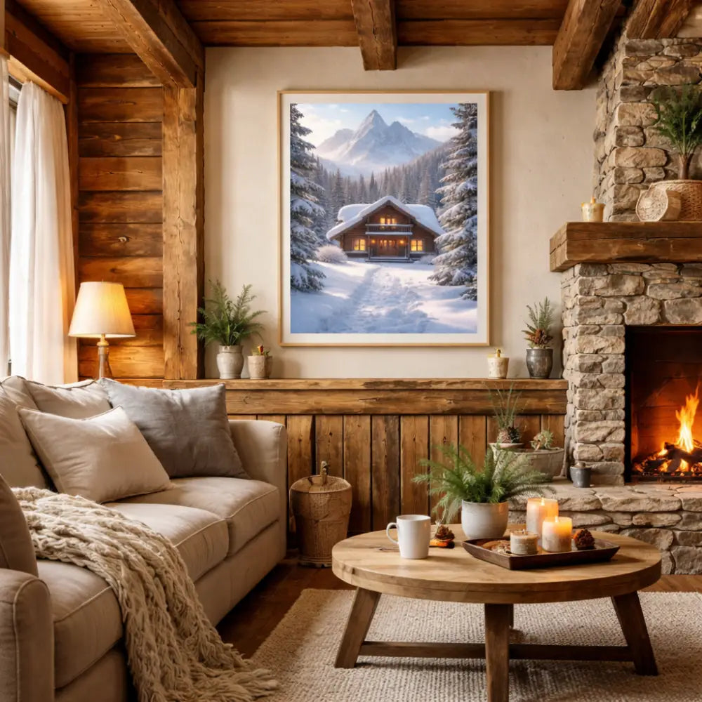Mountain winter wall art with a wooden cabin in a calm snowy forest