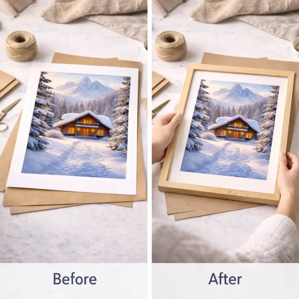 Winter cabin wall art in a pine forest covered in snow, cozy winter aesthetic