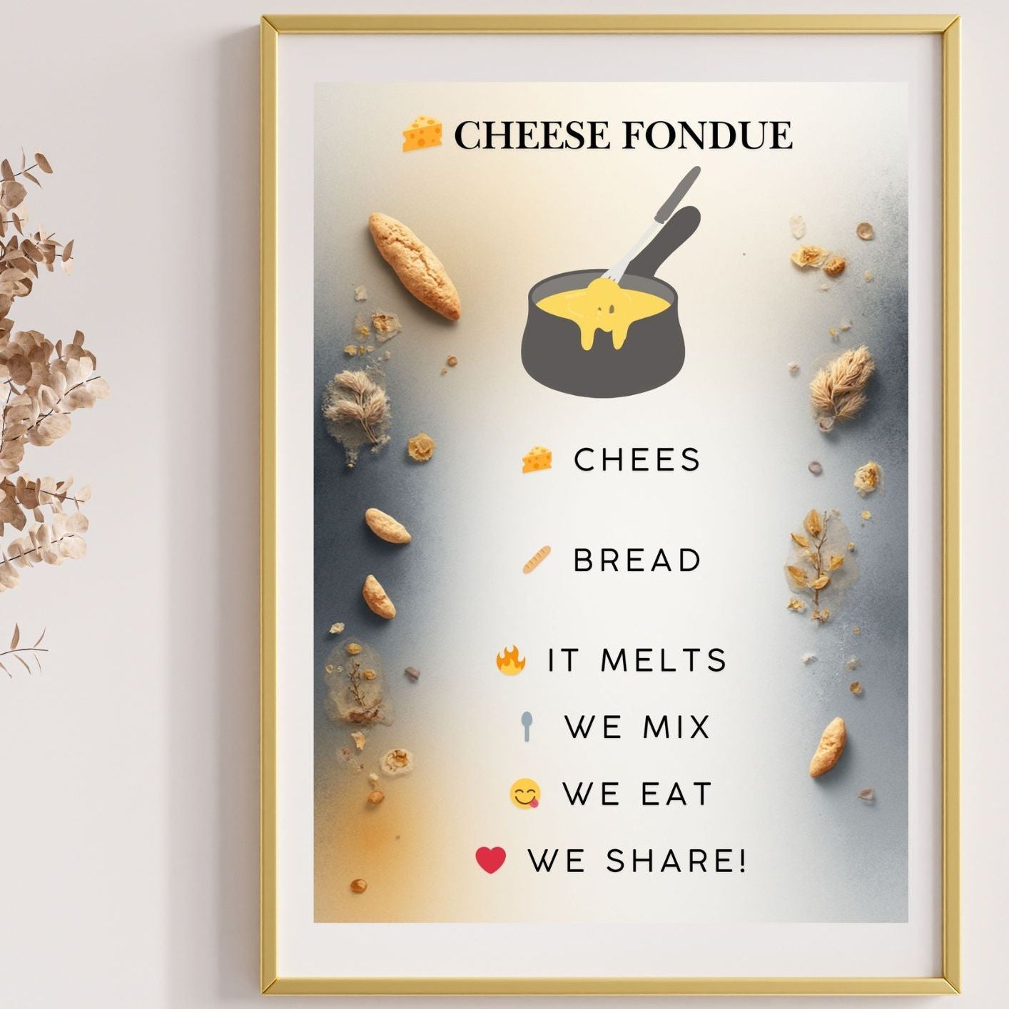 Winter wall art printable cheese fondue digital download
