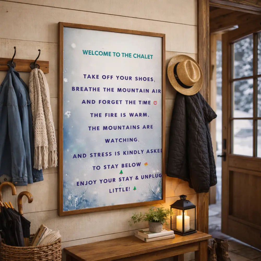 Printable winter lodge wall art with cozy hygge cabin message