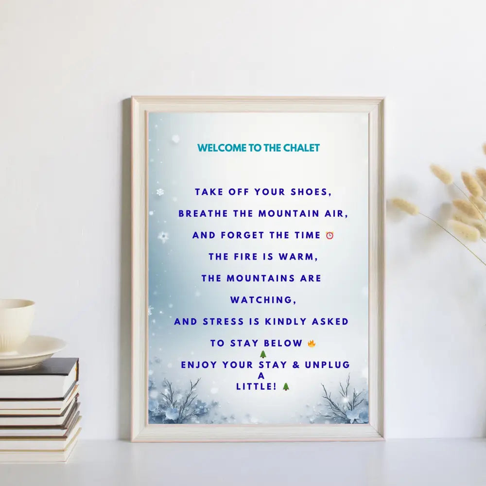 Winter chalet wall art printable with cozy cabin welcome sign design